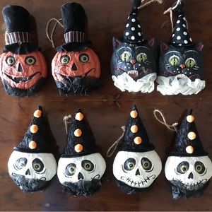 Halloween paper mache ornament. Set of 8 Pumpkins, Cats & Ghosts